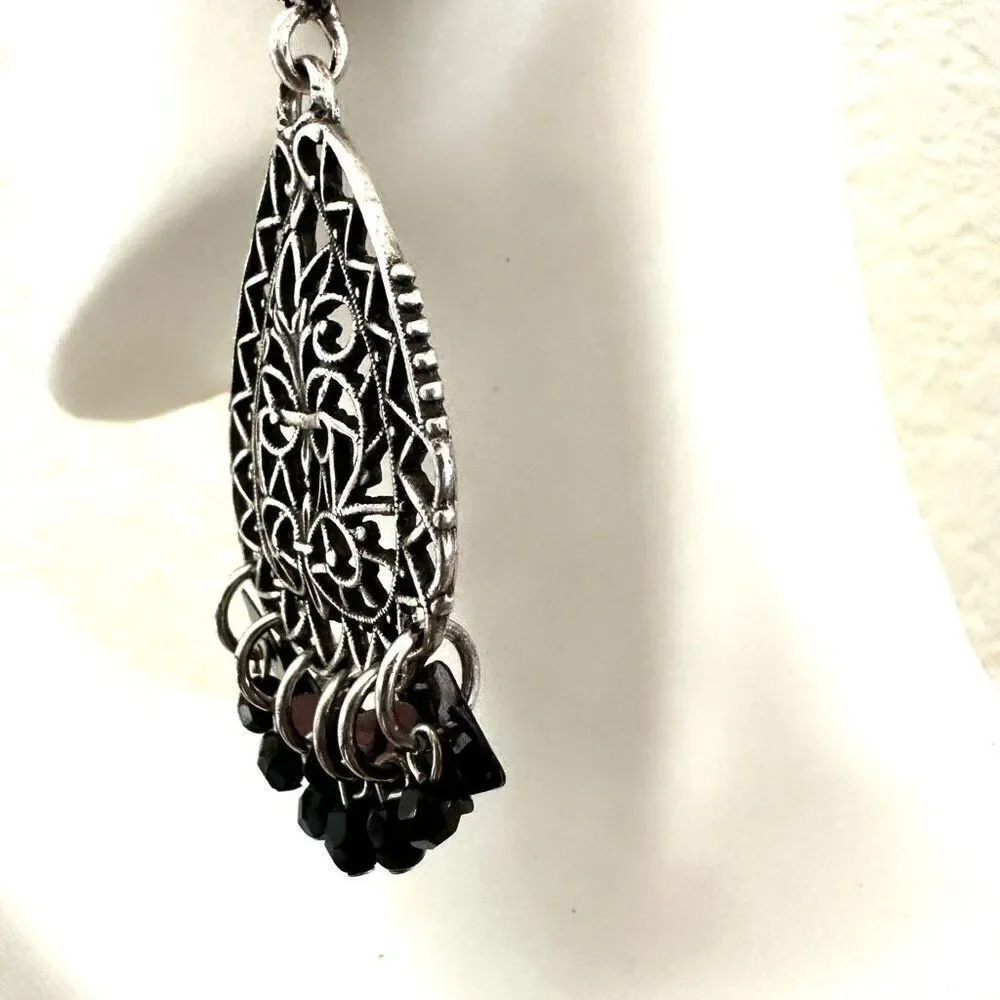 Chico’s   silver tone teardrop  black  drop earrings